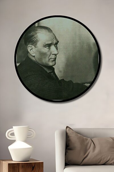 Teona Ahşap Dekoratif Atatürk Siyah Beyaz Duvar Tablo Ahşap Yuvarlak Tablo