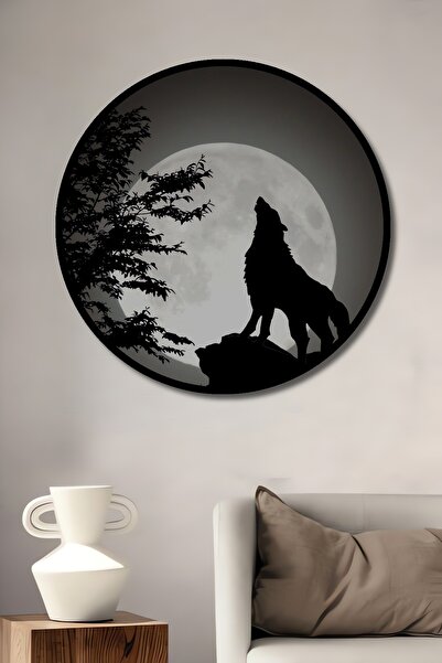 Teona Ahşap Dekoratif Dolunayda Uluyan Kurt Duvar Tablo Ahşap Yuvarlak Tablo