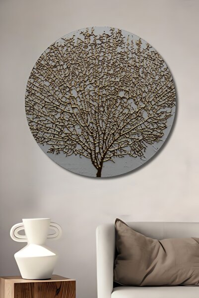 Teona Ahşap Dekoratif Kahve Gold Soyut Ahşap Tablo Şık Yuvarlak Duvar Dekoras...