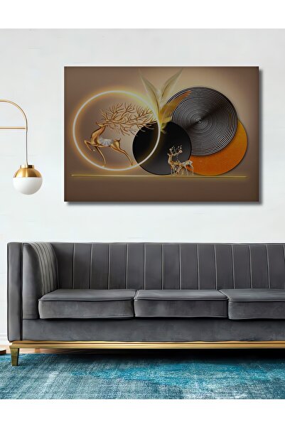 Teona Ahşap Dekoratif Altın Geyikler Soyut Ahşap Tablo Şık Yatay Duvar Dekora...