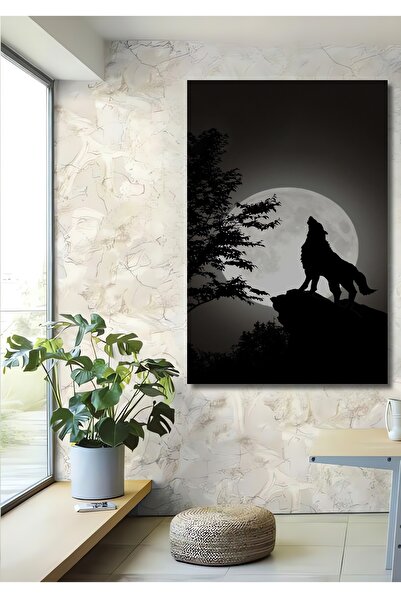 Teona Ahşap Dekoratif Dikey Dolunayda Uluyan Kurt Duvar Tablo Ahşap Dikdörtge...