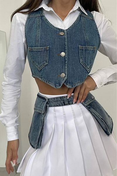 lovebox Women's Denim Pocketed Denim Blue Vest 23W12001