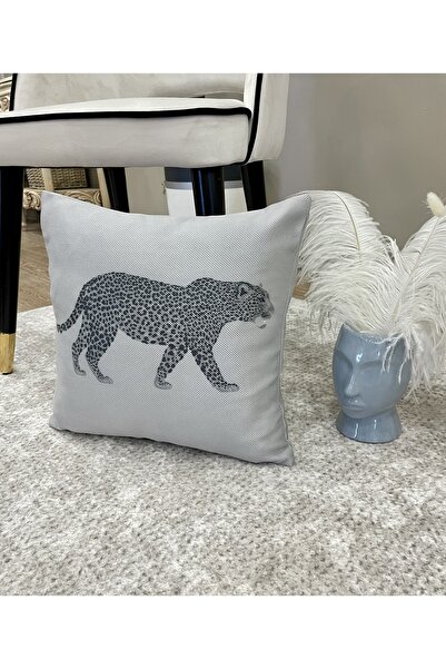 Brillant Keten Görünümlü Kaplan Desenli Kırlent Yastık Kılıfı (GRİ)