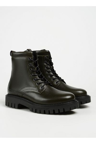 Tommy Hilfiger Leather Khaki Men's Boots Premium Casual Chunky Lth Boot