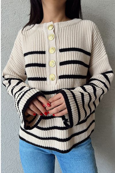 Seda Yalçın Atelier Beige Gold Button Detailed Striped Sweater