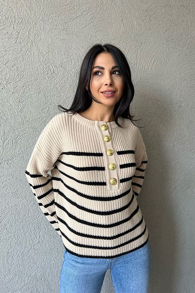 Seda Yalçın Atelier Beige Gold Button Detailed Striped Sweater