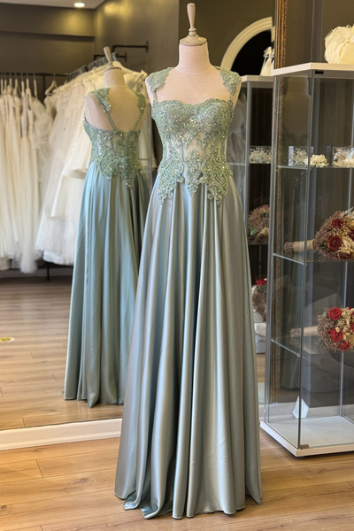 Lenta Moda Su Yeşili İnci İşlemeli Dantel Kaplama Maxi Boy Saten Abiye Ve Gec...