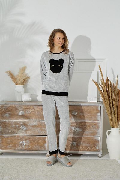 Sevim Women's Long Sleeve Velvet Gray Melange Pajamas Set C1T5N2O53