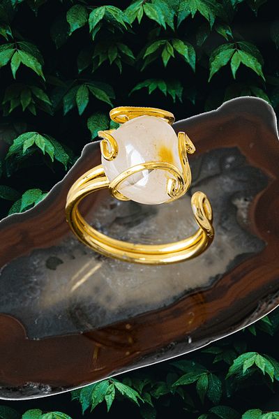 Tesbih Atölyesi Certified Rococo Model Transparent White Agate Stone Ring - Adjustable