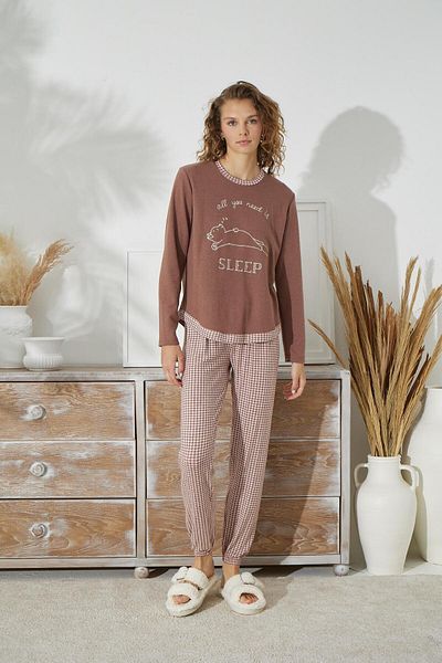 Sevim Women's Long Sleeve Jacquard Thick Brown Pajamas Set C1T5N1O93