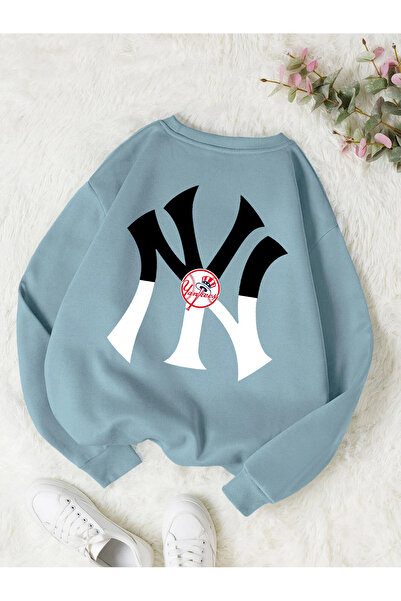 Revasser Unisex Kadın/Erkek NY Renkli Oversize Bisiklet Yaka Pamuklu Sweatshirt