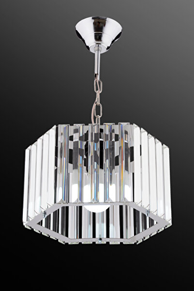 M Mediyamu Aydınlatma Altıgen Kristal Taşlı Sarkıt Gümüş Salon Hol Mutfak Antre Oda Avizesi