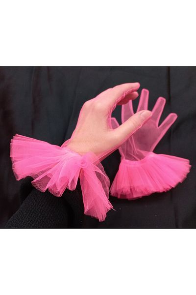 es moda shop Yasmin long ruffled gauze gloves neon pink
