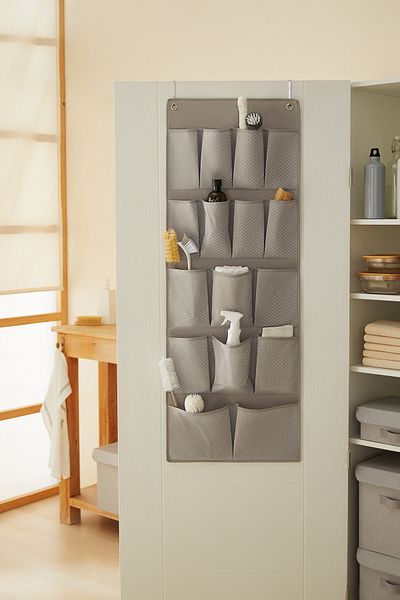 Ocean Home Textile Gray 16-Pocket Multi-Purpose Hanger In-Cabinet Bathroom Kitchen Organizer Slipper Organizer 45x125