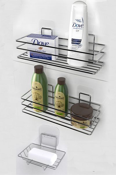KARTEYA 3-Piece Bathroom Set Adhesive Stainless Bathroom Soap Dish Shower Cabin Shelf Shampoo Holder Bathroom Organizer Set