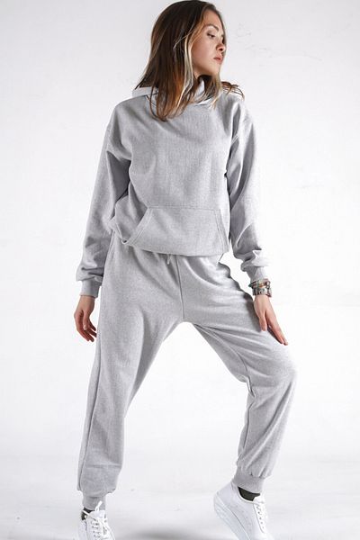 NAKRUF Unisex Gray Hooded Tracksuit Set with Cotton Kangaroo Pocket