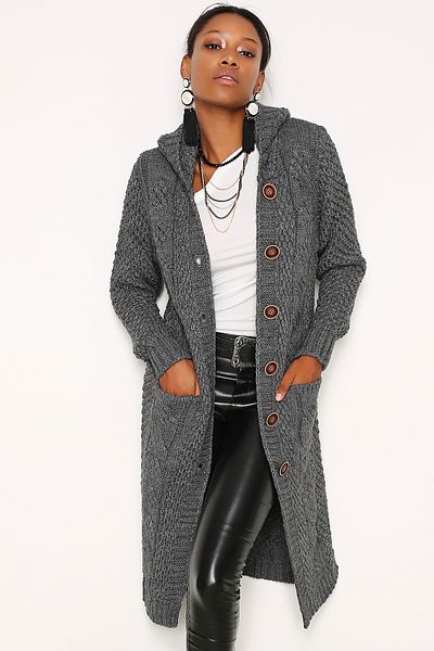 AVORWE Hooded Hair Braided Pocket Detailed Slit Buttoned Front Knitwear Cardigan