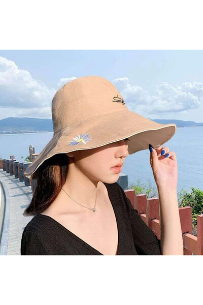 Giraffe قبعة صياد السمك ذات الوجهين باللون البني مع تطريز ديزي واقي من الشمس