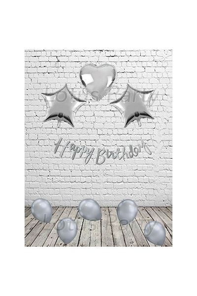 LOTUS PARTY Silver Color Birthday Party Set - Silver Heart and Star - Silver Happy Birthday Text - Silver Balloon