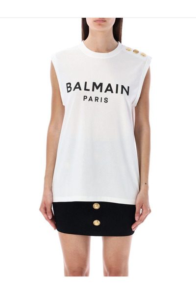 BrandsBoutique تيشيرت أبيض مطبوع عليه شعار Balmain