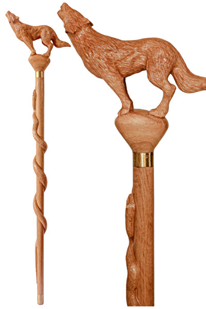 ELBİ El İşçiliği Kurt ve Yılan İşlemeli Doğal Ahşap Oyma Baston