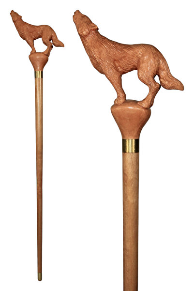 ELBİ El İşçiliği Kurt İşlemeli Doğal Ahşap Oyma Baston