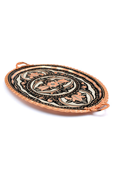 ERİZA 23x34 Cm Oval, Işlemeli, Pirinç Saplı Kalın Bakır Çay Ve Kahve Sunum, S...