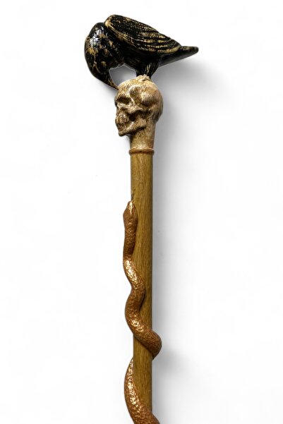 ELBİ El İşçiliği Kuzgun Kurukafa ve Yılan İşlemeli Doğal Ahşap Oyma Baston