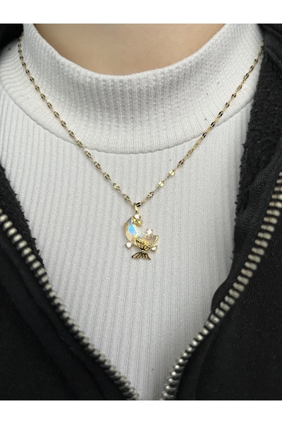 Çelik Gold Opal Taş Moon Kolye