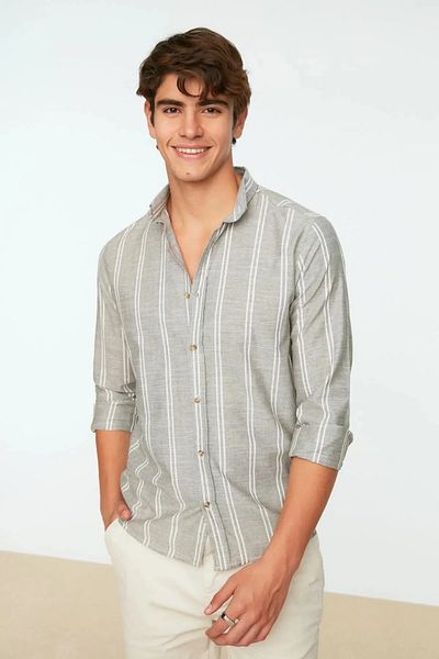 Trendyol Collection Khaki Slim Fit Button Collar Thin Striped Shirt TMNAW24GO00092