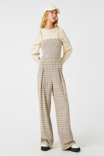 Koton Women's Gray Plaid Jumpsuit