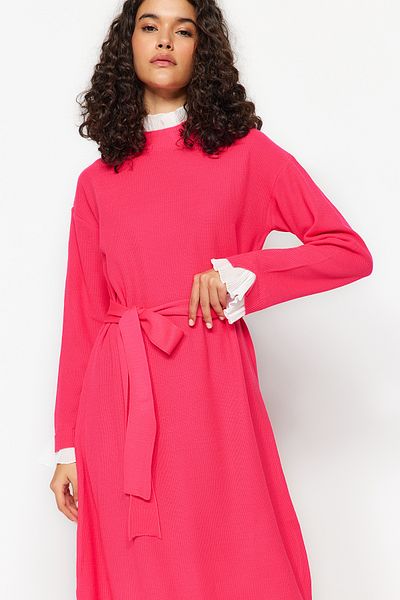 Trendyol Modest Ροζ Πλισέ Πλεκτό Φόρεμα TCTAW24EB00001