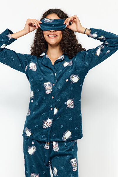 Trendyol Collection Set de pijamale tricotate de iarnă din lână cu model pinguin petrol THMAW22PT0356