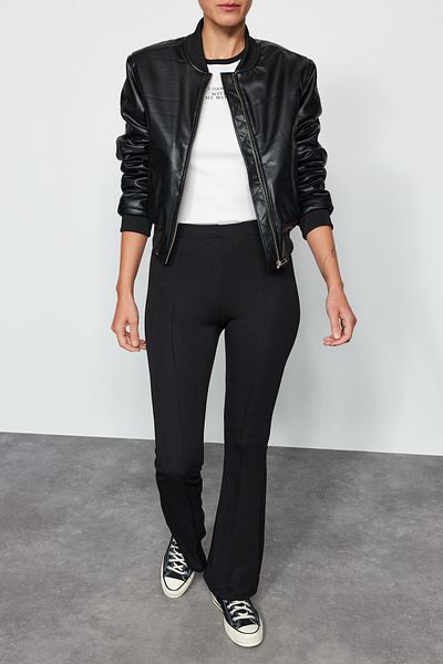 Edit by Trendyol Black Rib Detailed Flare Knitted Trousers TWOAW24PL00376