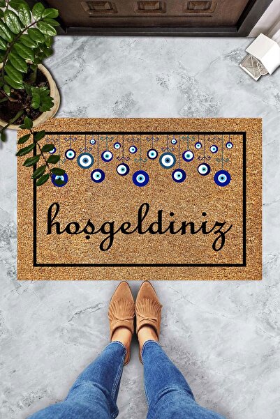 on the clouds Dijital Baskılı Hoşgeldiniz Yazılı Nazar Boncuğu Figürlü Dekoratif Kapı Önü Paspası