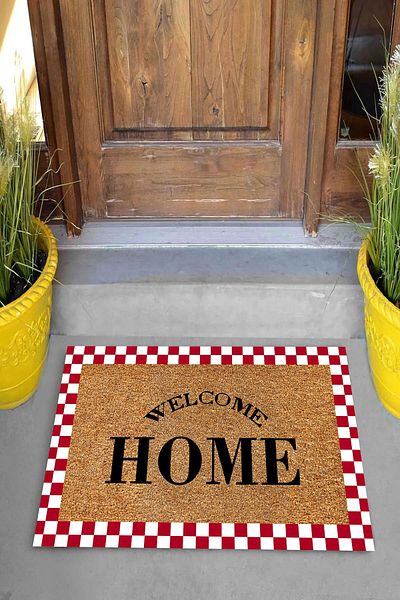 on the clouds Digital Printed Welcome Home Written Red Checkerboard Figured Decorative Door Mat