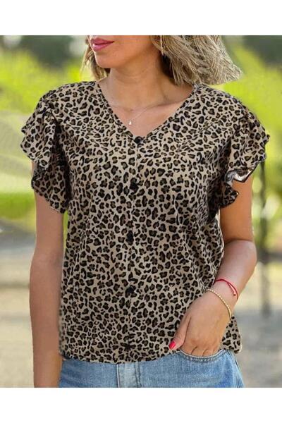 BELLA NOTTE V-Neck Ruffle Viscose Blouse - Button Detail Leopard Print Bn-571...