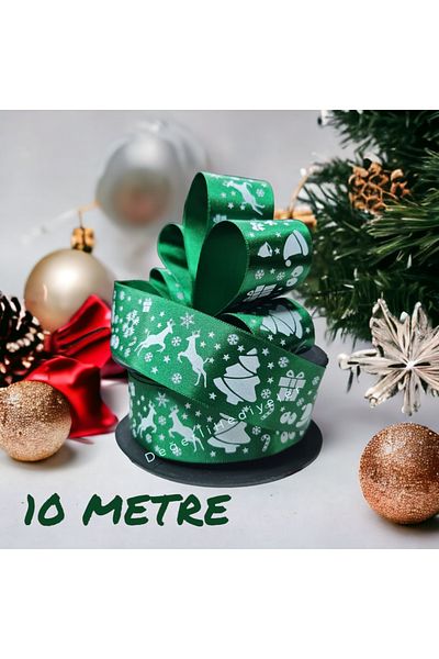 GÜLSEMALİ 10 ΜΕΤΡΑ Πράσινη Σατέν Εκτύπωση Χριστουγεννιάτικη Κορδέλα Κουτί Στολίδι Κορδέλα Δέντρο Στολίδι Κορδέλα 3cm