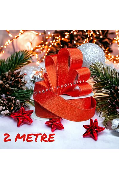 GÜLSEMALİ 2 METERS Satin Glitter Printed New Year Ribbon Box Decoration Ribbon Tree Decoration Ribbon 2.5cm