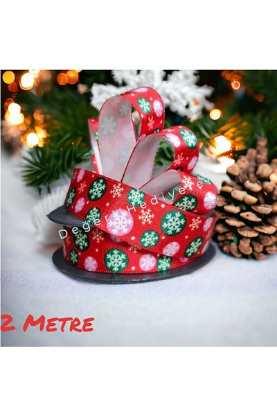 GÜLSEMALİ 2 METERS Satin Pattern Printed New Year Ribbon Box Decoration Ribbon Tree Decoration Ribbon 2.5cm