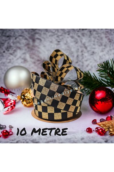 GÜLSEMALİ 10 ΜΕΤΡΑ Χρυσό Σκακιέρα Χριστουγεννιάτικο Κουτί Δέντρο Στολίδι Κορδέλα 3εκ