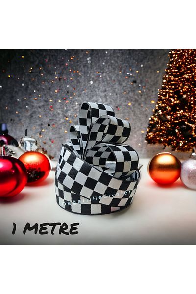 GÜLSEMALİ 1 METER Black Checkerboard New Year Ribbon Box Decoration Ribbon Tree Decoration Ribbon 3cm