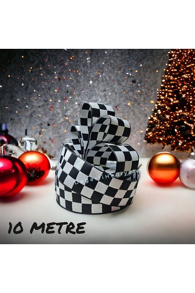 GÜLSEMALİ 10 METERS Black Checkerboard New Year Ribbon Box Decoration Ribbon Tree Decoration Ribbon 3cm