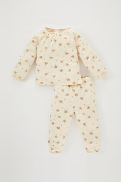 DeFacto Geblümtes, langärmliges Pyjama-Set aus gekämmter Baumwolle für Babys