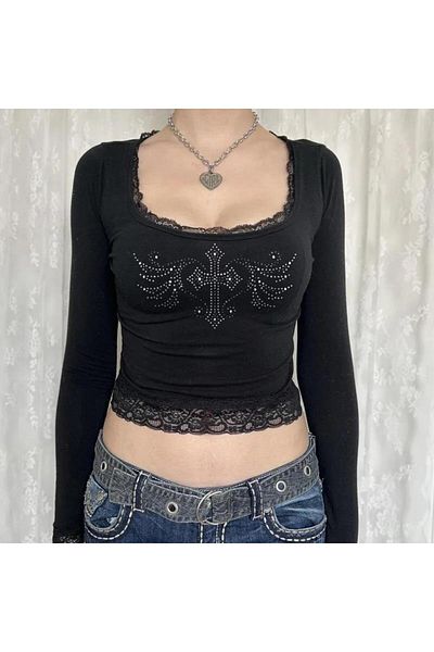 Touz Cross & Wings Printed Lace Lace Black Long Sleeve Blouse