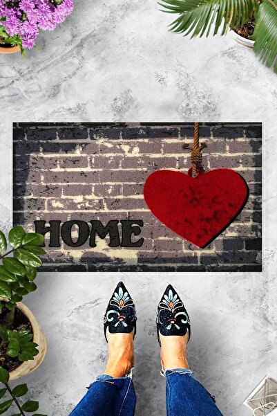 Pelangi Dijital Baskılı Home Yazılı Kalp Desenli Dekoratif Kapı Önü Paspası