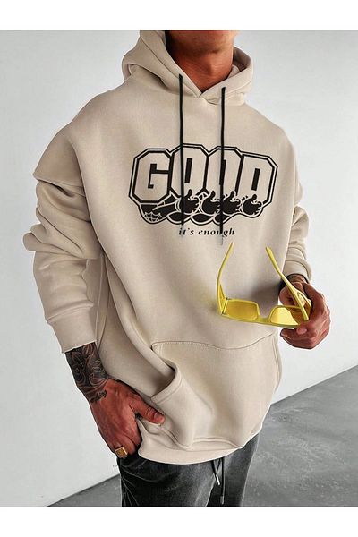 Black Sokak Beige Good Okey Printed Oversize Crew Neck Men's Sweat