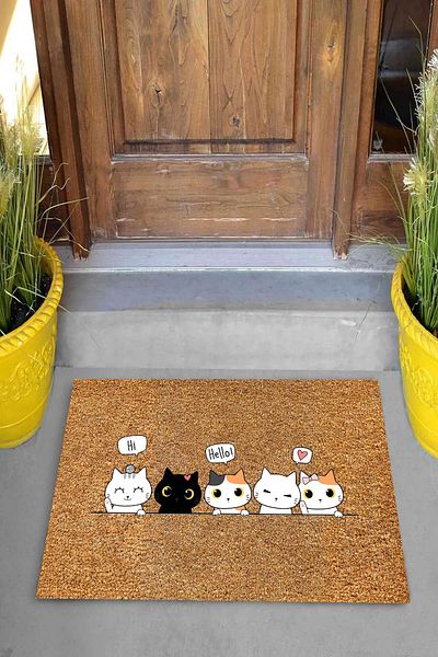 Pelangi Digital Printed Cats Making Greetings Patterned Decorative Door Mat