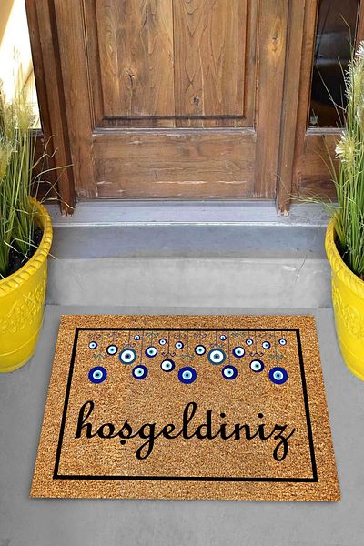 Pelangi Digital Printed Welcome Written Decorative Door Mat with Evil Eye Bead Figure