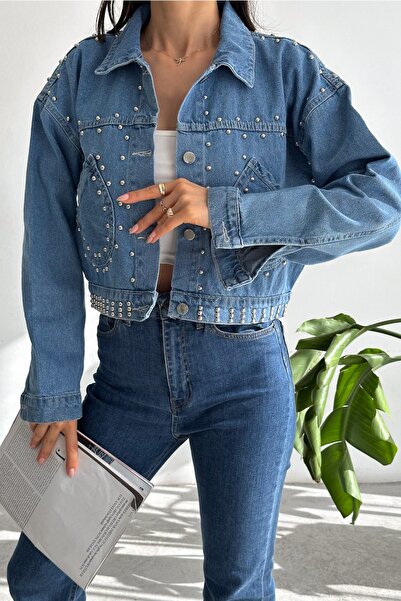 FEMELLE Džínová bunda Crop Jeans s kapsami s cvočky